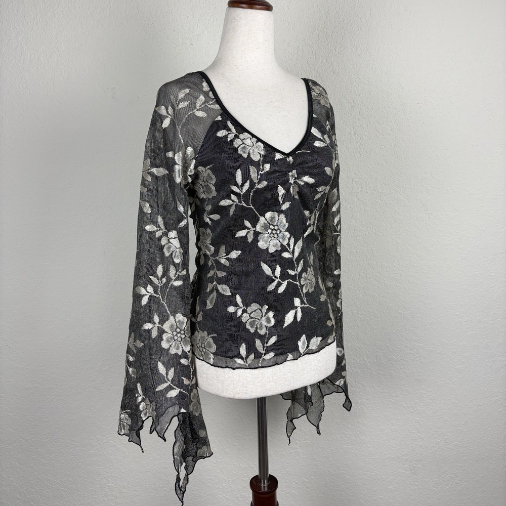 Vtg Y2K Size 8 Whimsigoth Blouse Flare Asymmetric Sleeve Floral Black Fairy Lace - Picture 3 of 7